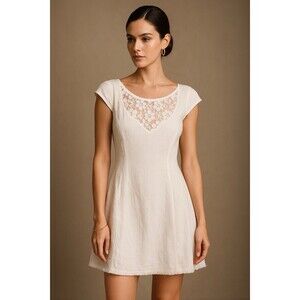 Free People Mini Dress Size 8 White Floral Lace Cap Sleeves Cotton